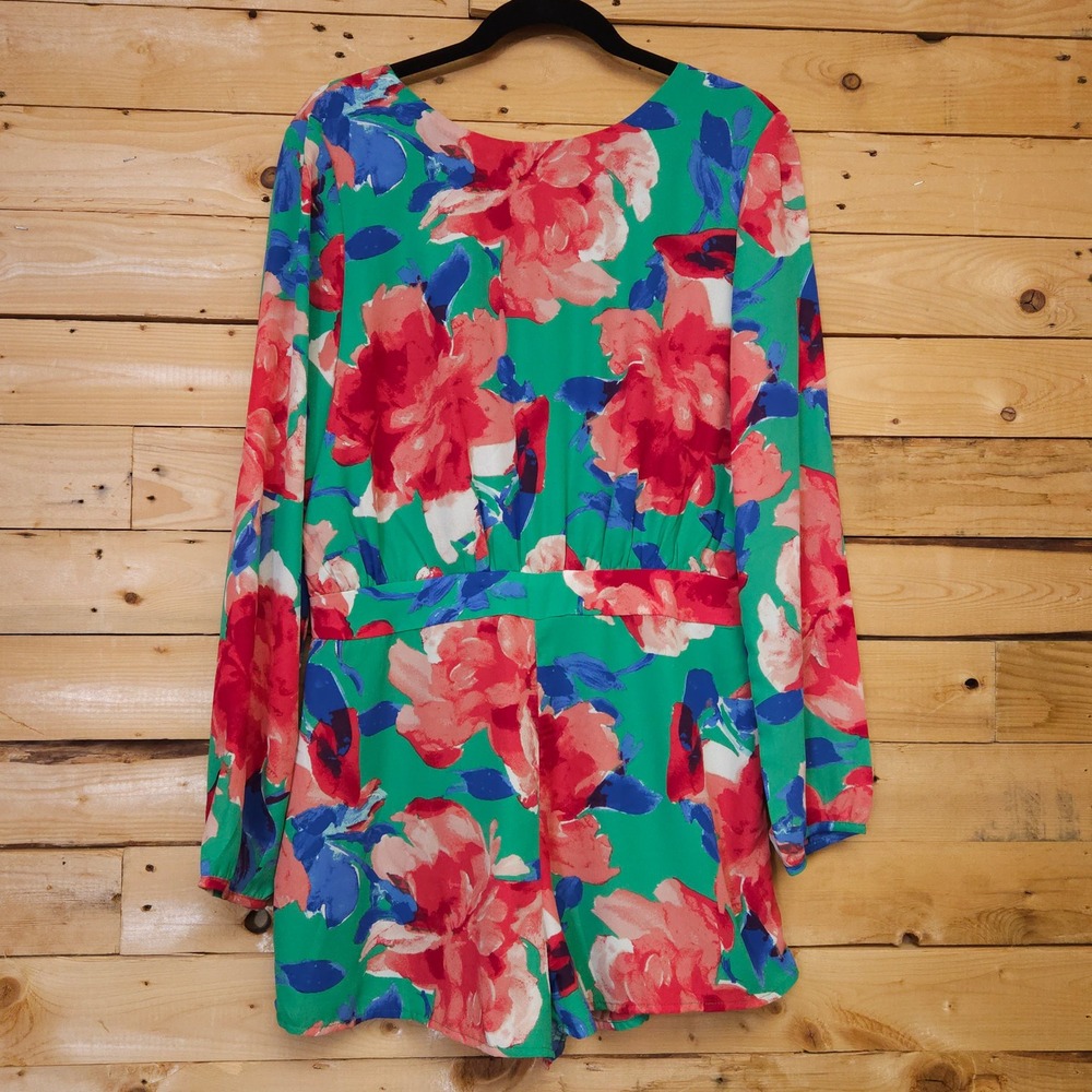 Lulus Sweetest Song Green Floral Long Sleeve Romper V-Back Size L Tropical